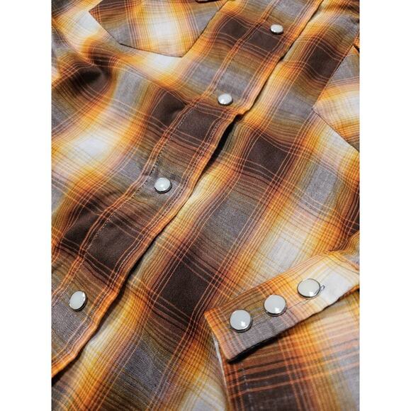 Vintage Dee Cee Pearl Snap Shirt Women's 34 USA Orange Red Plaid Western EUC - Picture 2 of 8